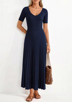 PRETTYGARDEN Women's Spring Midi Sweater Dresses Elegant Pleated Ribbed Knit Short Sleeve V Neck A Line Summer Outfits