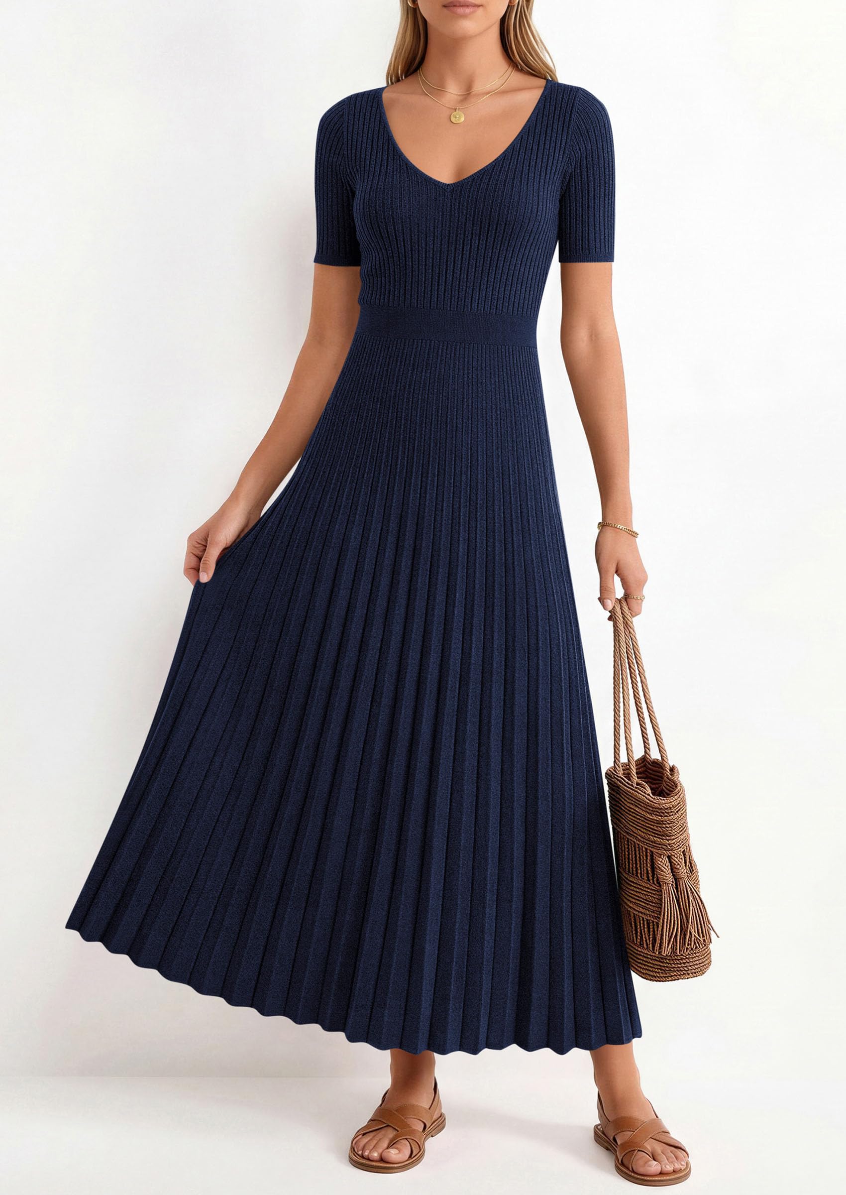 PRETTYGARDEN Women's Spring Midi Sweater Dresses Elegant Pleated Ribbed Knit Short Sleeve V Neck A Line Summer Outfits