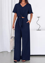 PRETTYGARDEN Women 2 Piece Summer Outfits Short Sleeve Strappy Top Wide Leg Pants Tracksuit Lounge Sets Beach Clothes