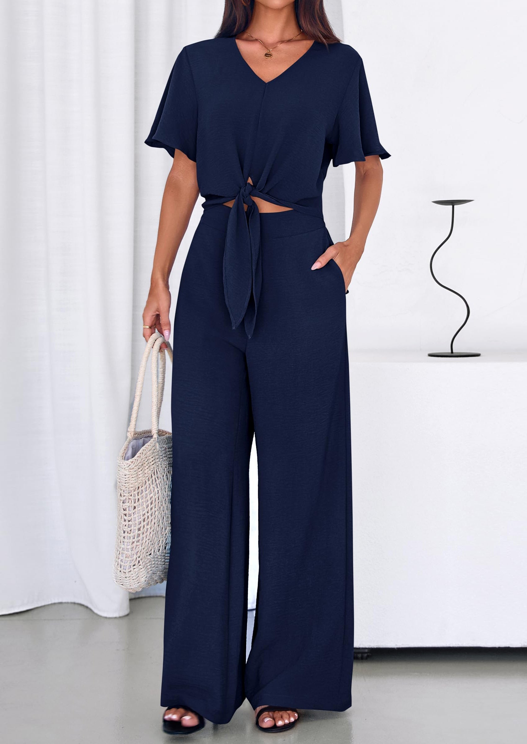 PRETTYGARDEN Women 2 Piece Summer Outfits Short Sleeve Strappy Top Wide Leg Pants Tracksuit Lounge Sets Beach Clothes