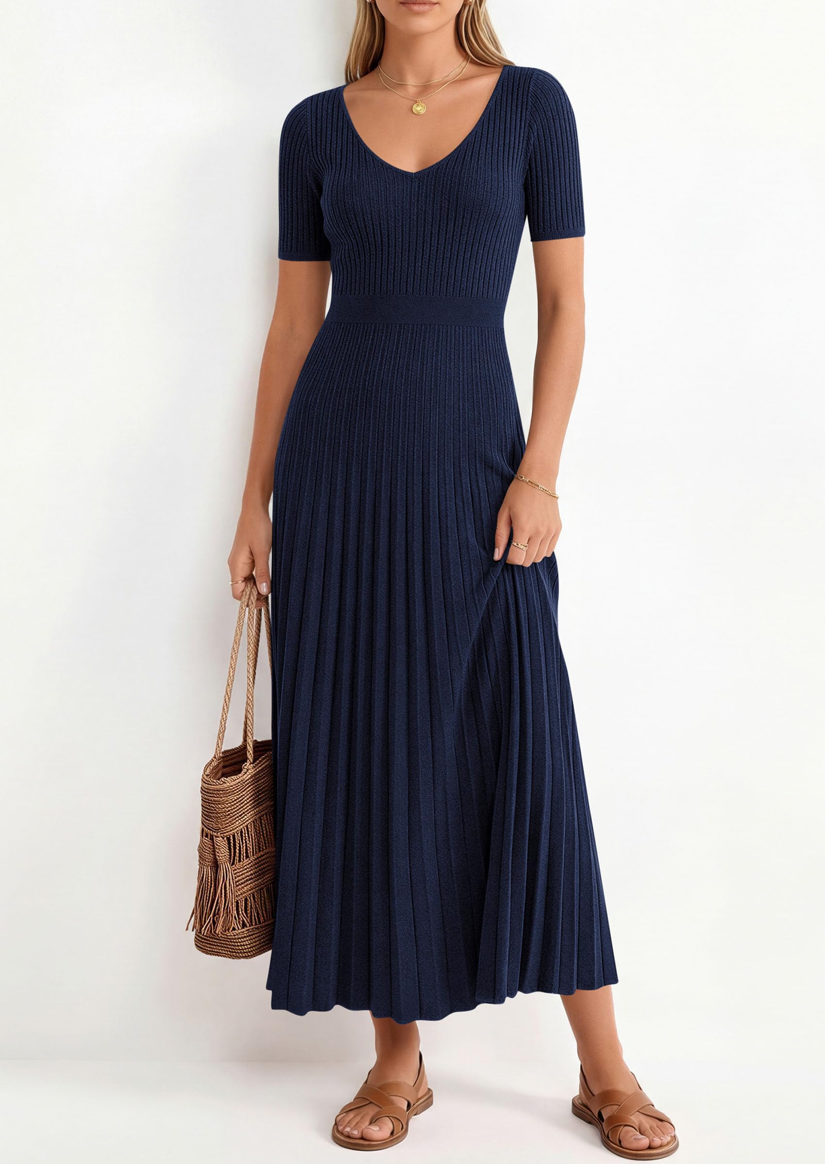 PRETTYGARDEN Women's Spring Midi Sweater Dresses Elegant Pleated Ribbed Knit Short Sleeve V Neck A Line Summer Outfits