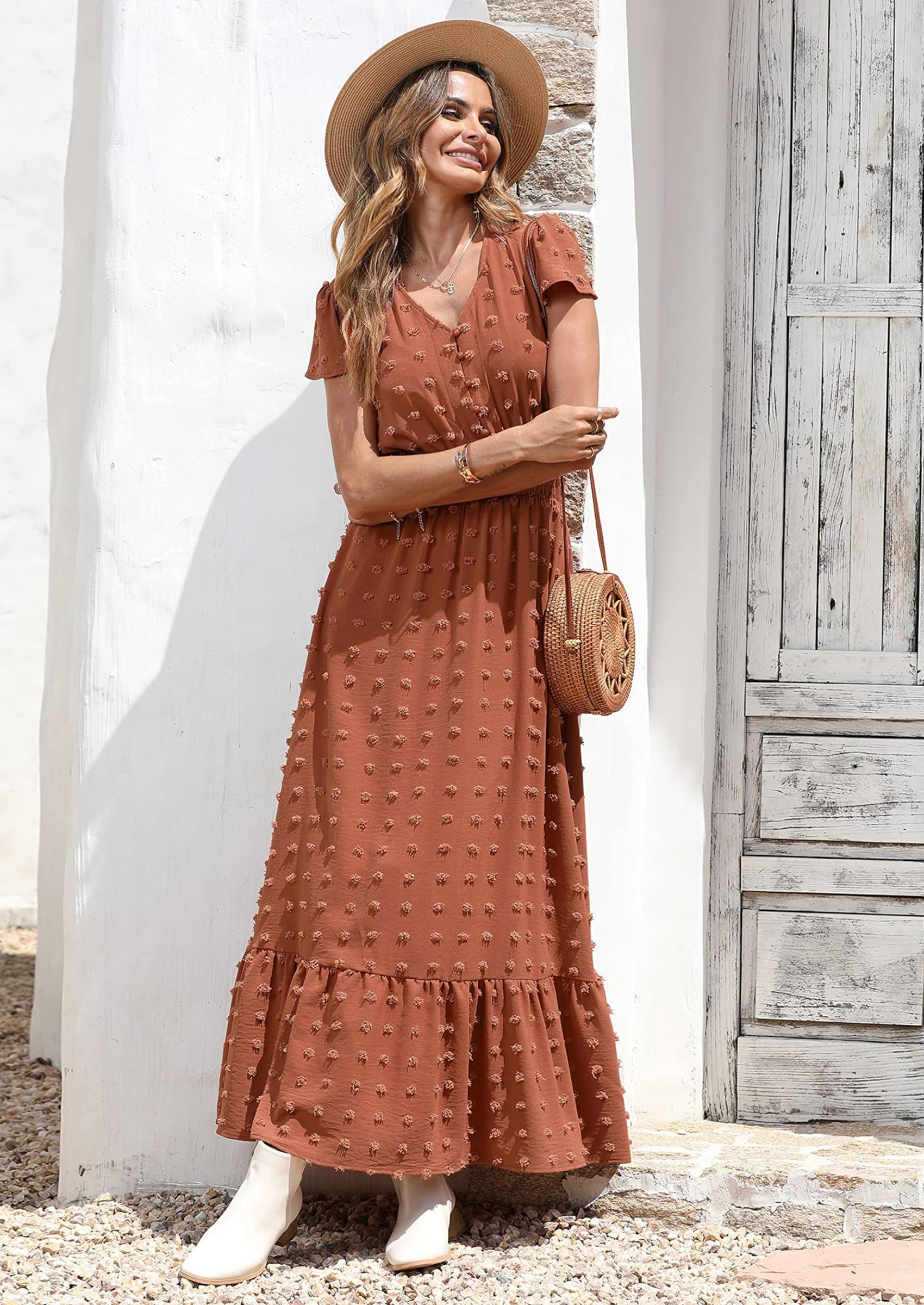 PRETTYGARDEN Womens Dresses Summer Maxi Dress Boho Short Sleeve V Neck Swiss Dot Ruffle Tiered Smocked Flowy Long Dress