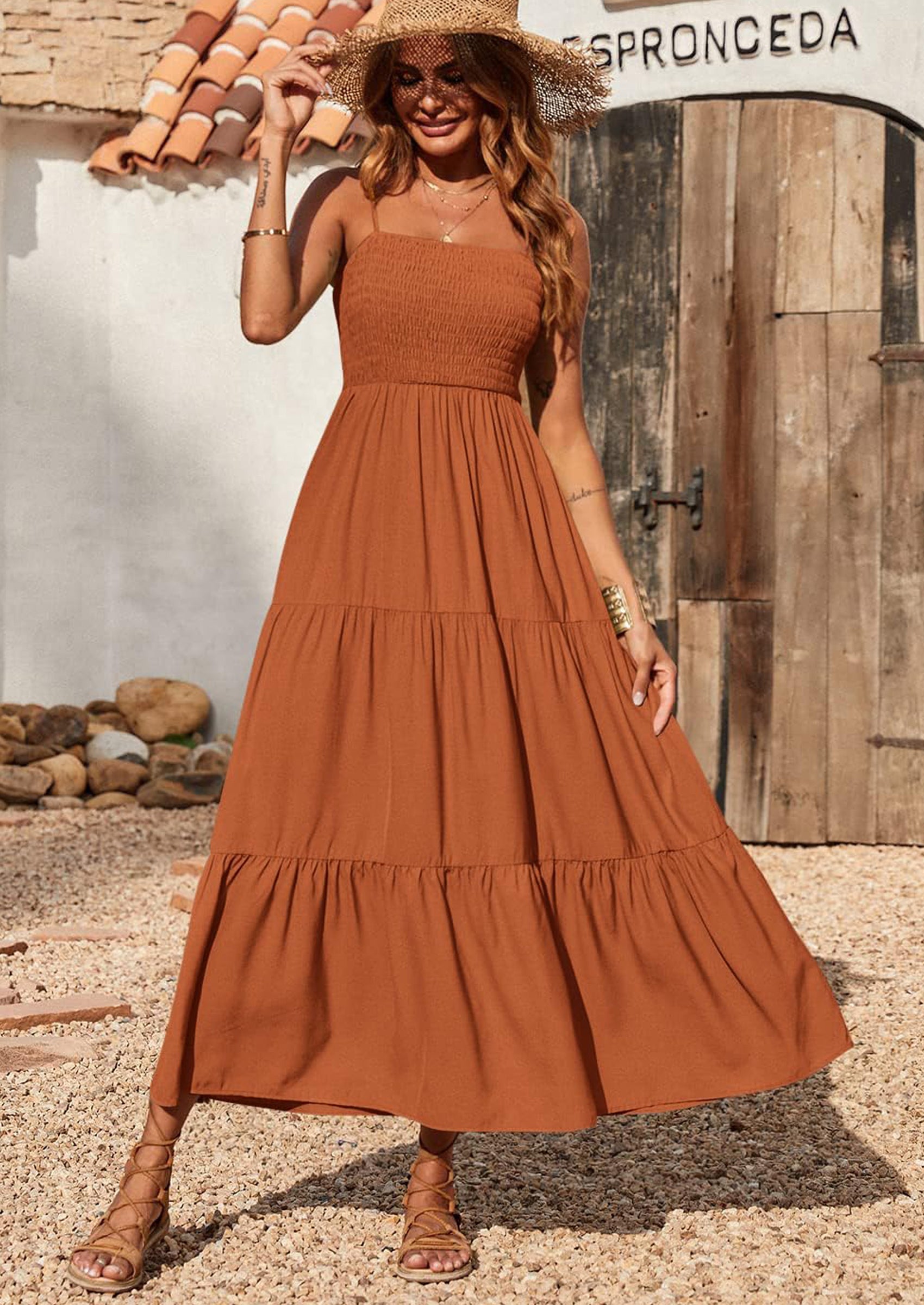PRETTYGARDEN Women's Summer Maxi Dress Casual Boho Sleeveless Spaghetti Strap Smocked Tiered Long Beach Sundresses