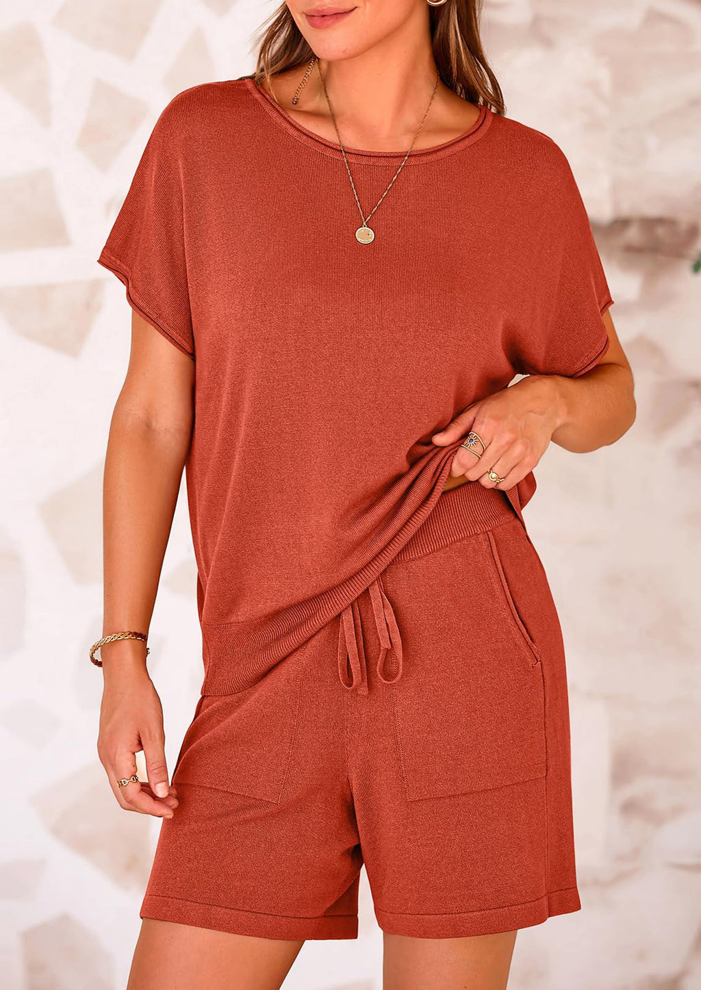 PRETTYGARDEN Two Piece Set for Women Summer Lounge Sets Shorts And Short Sleeve Tops Knitted Matching Travel Spring Outfits