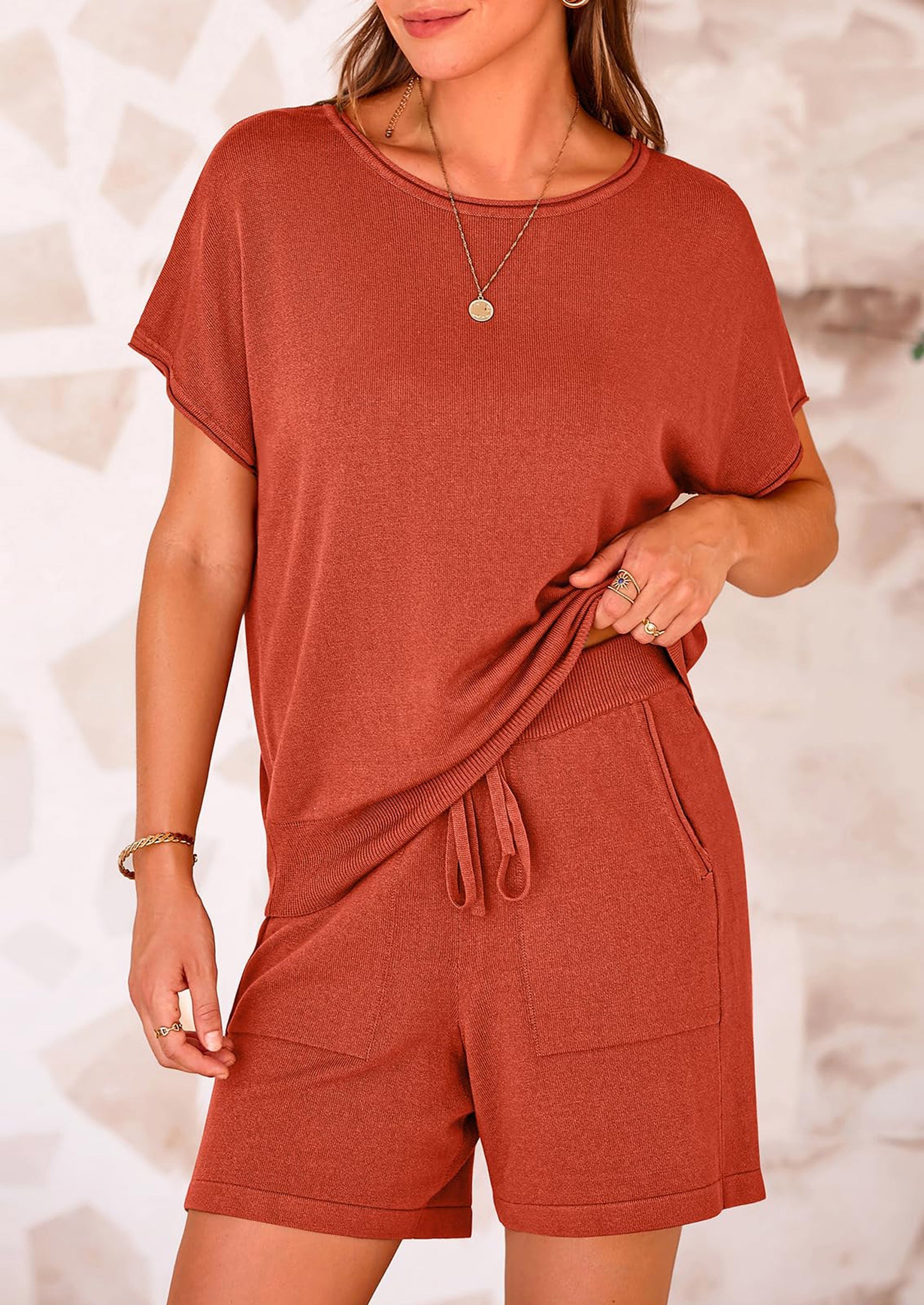 PRETTYGARDEN Two Piece Set for Women Summer Lounge Sets Shorts And Short Sleeve Tops Knitted Matching Travel Spring Outfits