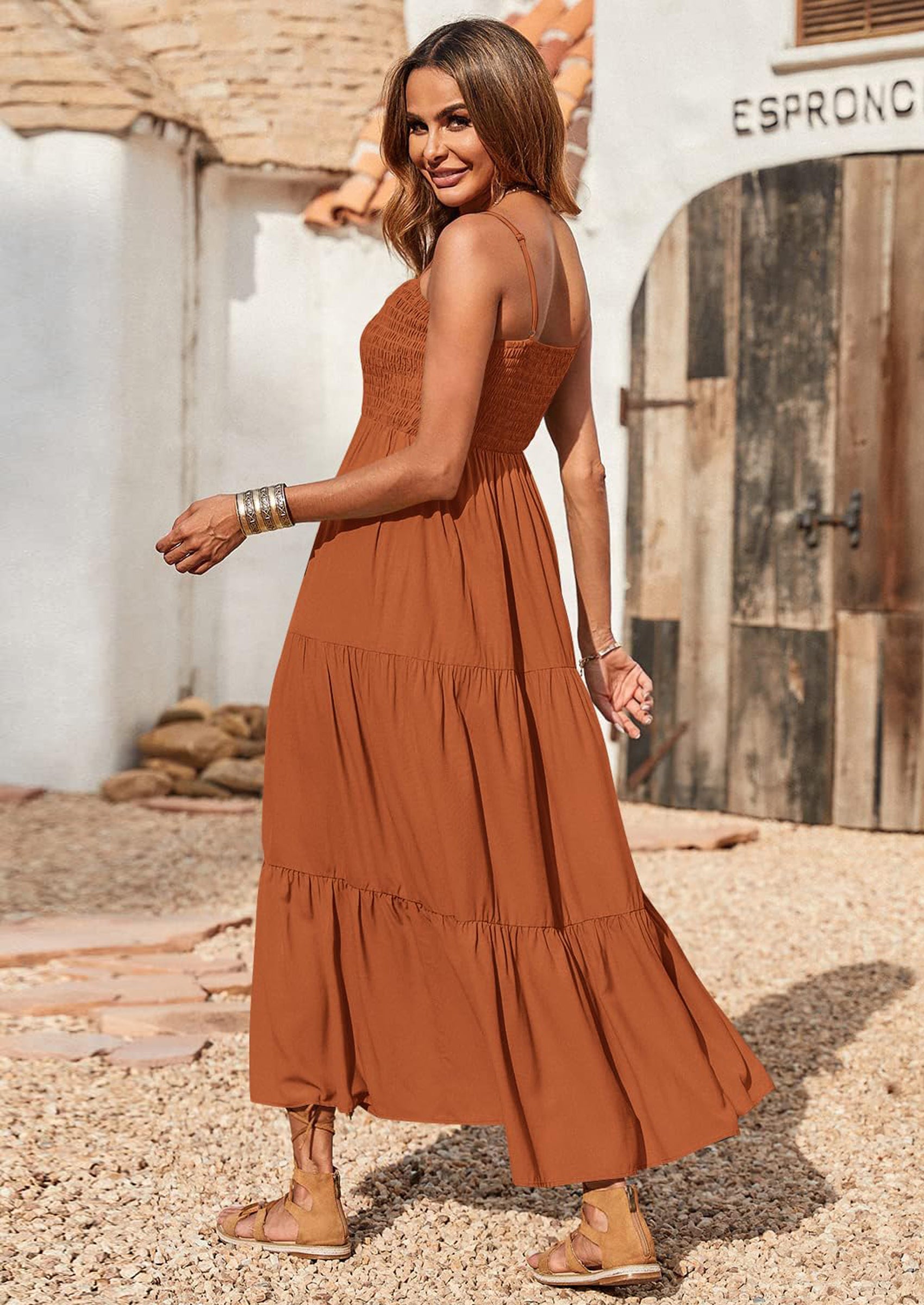 PRETTYGARDEN Women's Summer Maxi Dress Casual Boho Sleeveless Spaghetti Strap Smocked Tiered Long Beach Sundresses