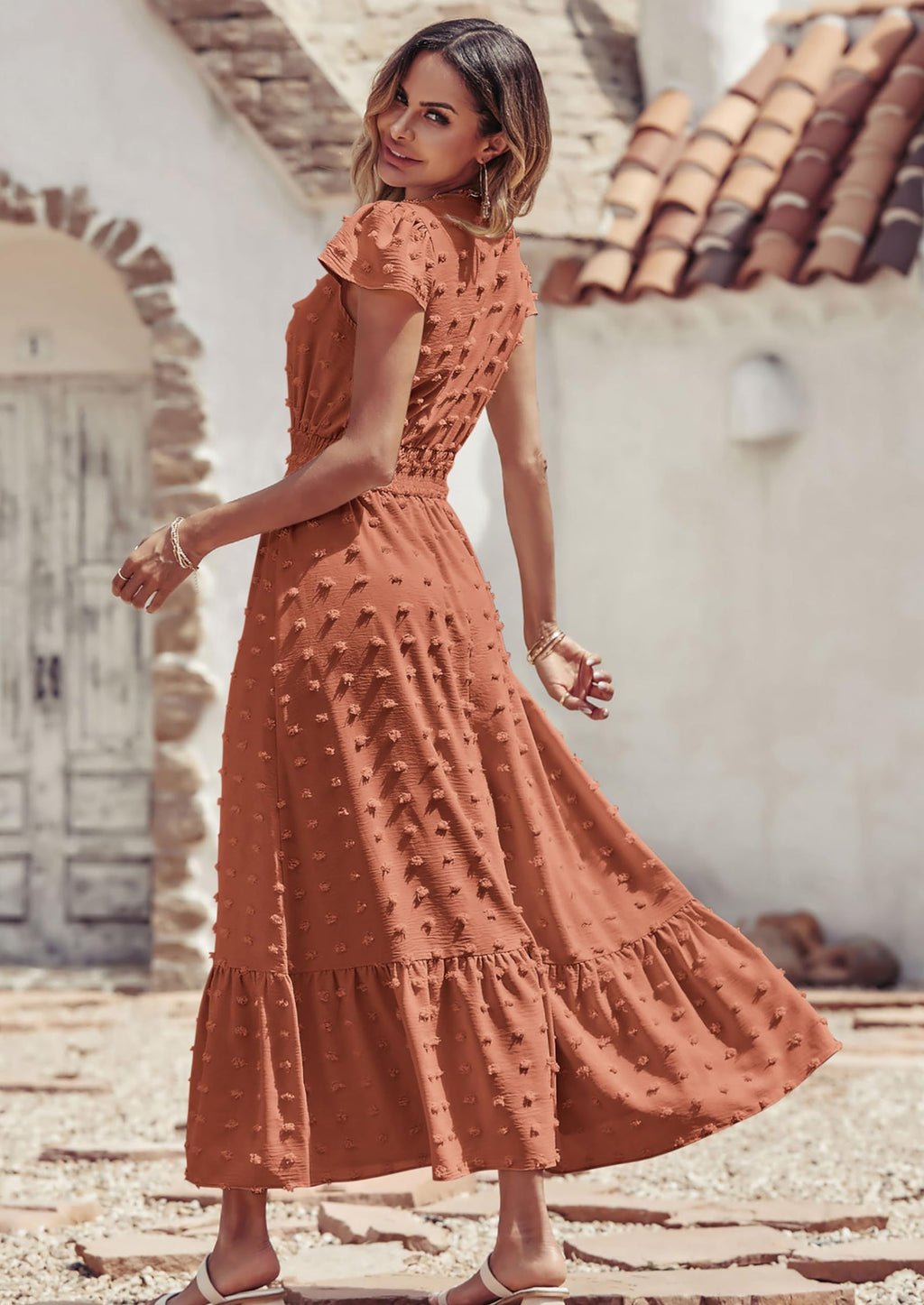PRETTYGARDEN Womens Dresses Summer Maxi Dress Boho Short Sleeve V Neck Swiss Dot Ruffle Tiered Smocked Flowy Long Dress