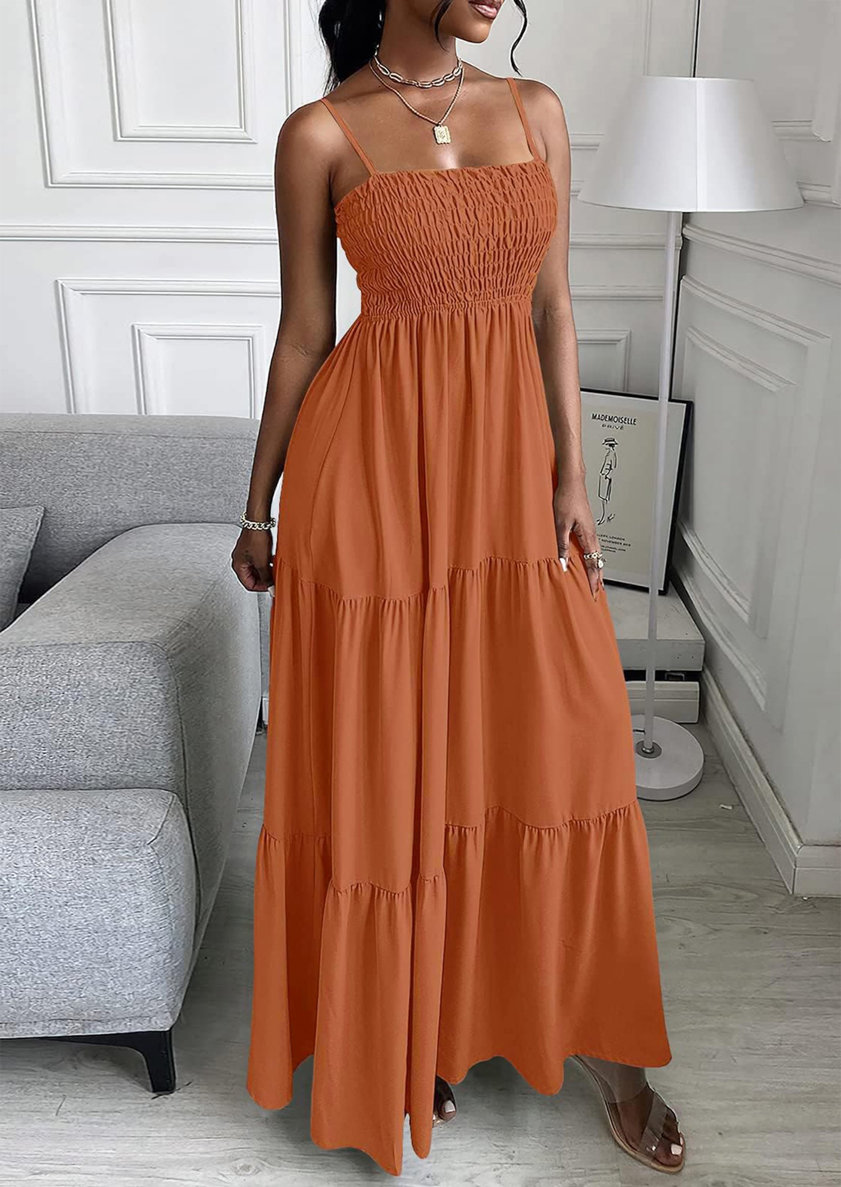 PRETTYGARDEN Women's Summer Maxi Dress Casual Boho Sleeveless Spaghetti Strap Smocked Tiered Long Beach Sundresses