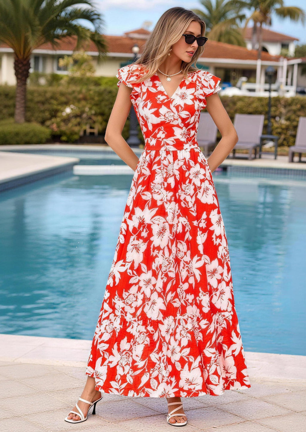 PRETTYGARDEN Womens Summer Maxi Dresses Casual V Neck Ruffle Sleeve Wrap V Neck Floral A Line Flowy Beach Boho Dress