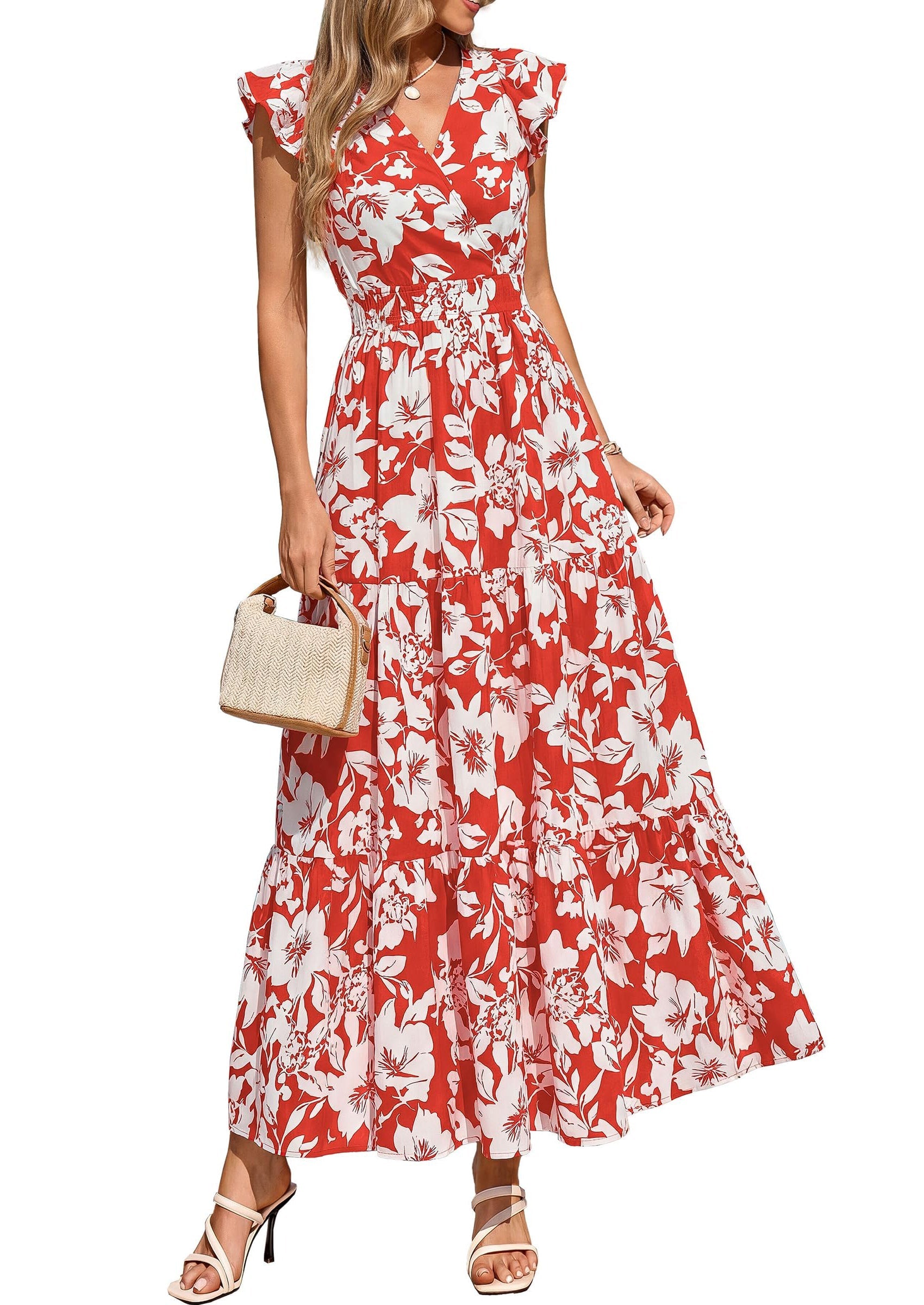 PRETTYGARDEN Womens Summer Maxi Dresses Casual V Neck Ruffle Sleeve Wrap V Neck Floral A Line Flowy Beach Boho Dress
