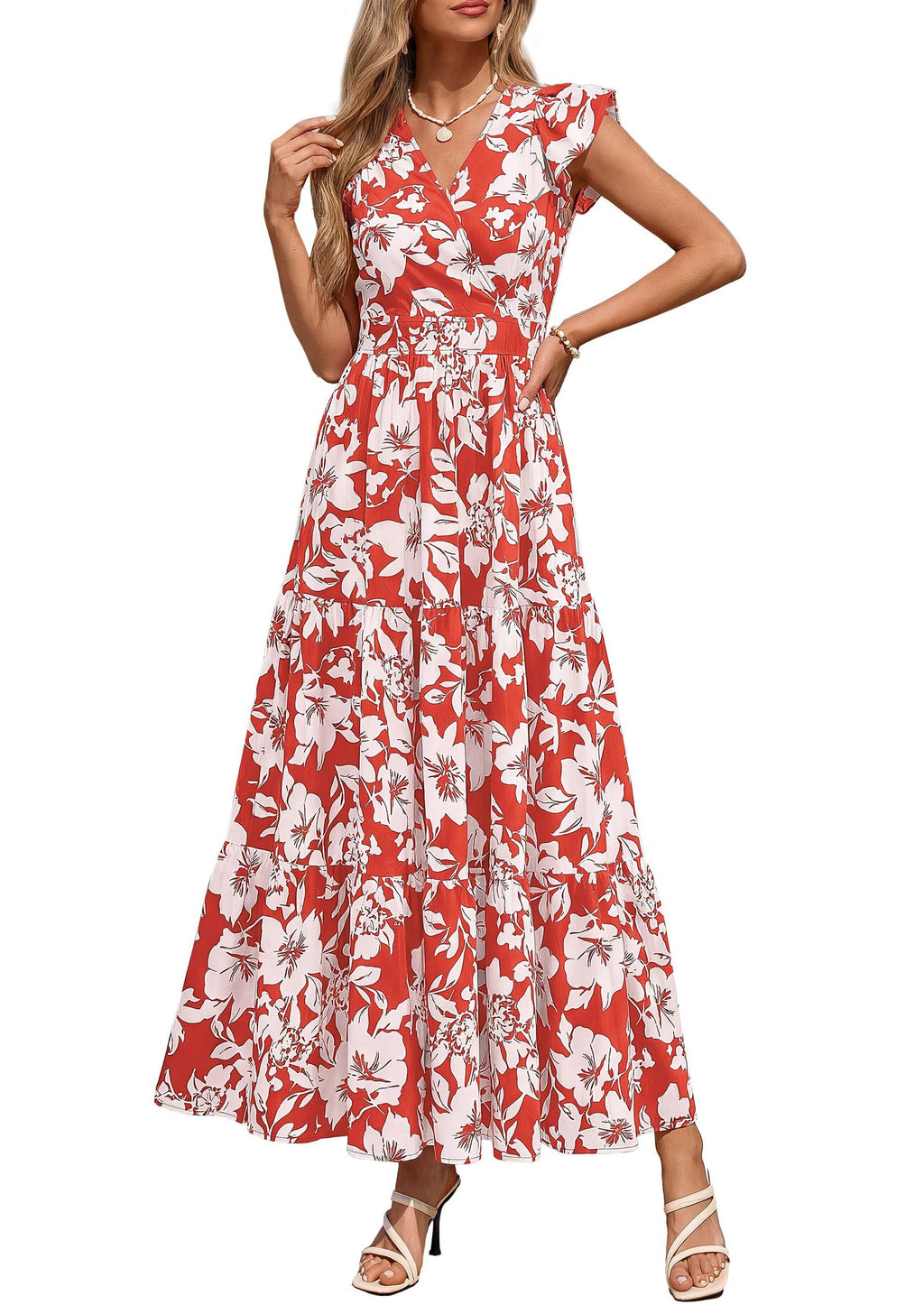 PRETTYGARDEN Womens Summer Maxi Dresses Casual V Neck Ruffle Sleeve Wrap V Neck Floral A Line Flowy Beach Boho Dress