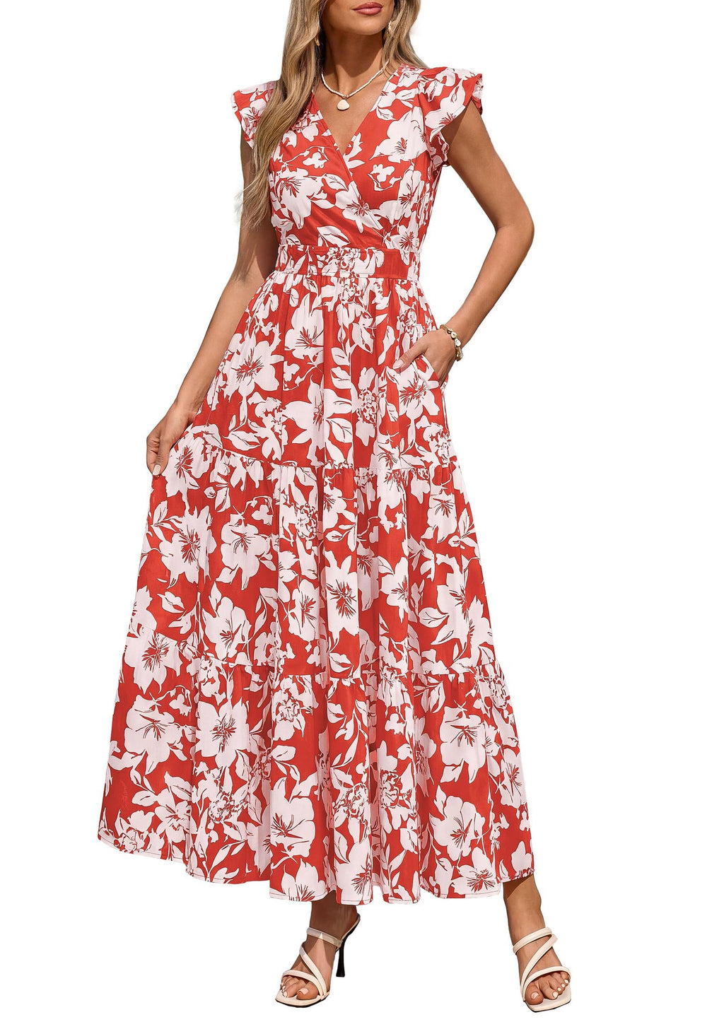 PRETTYGARDEN Womens Summer Maxi Dresses Casual V Neck Ruffle Sleeve Wrap V Neck Floral A Line Flowy Beach Boho Dress