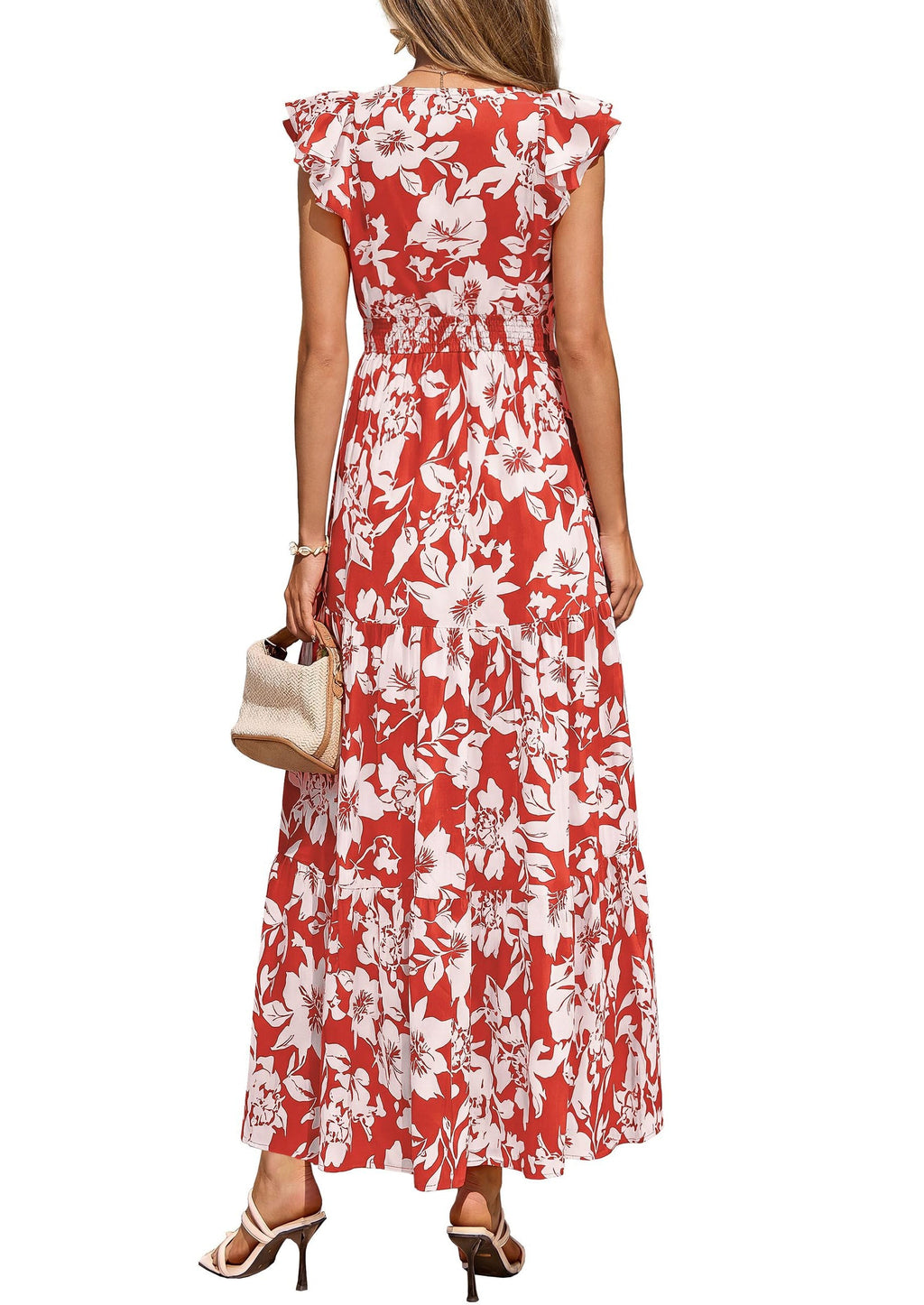 PRETTYGARDEN Womens Summer Maxi Dresses Casual V Neck Ruffle Sleeve Wrap V Neck Floral A Line Flowy Beach Boho Dress