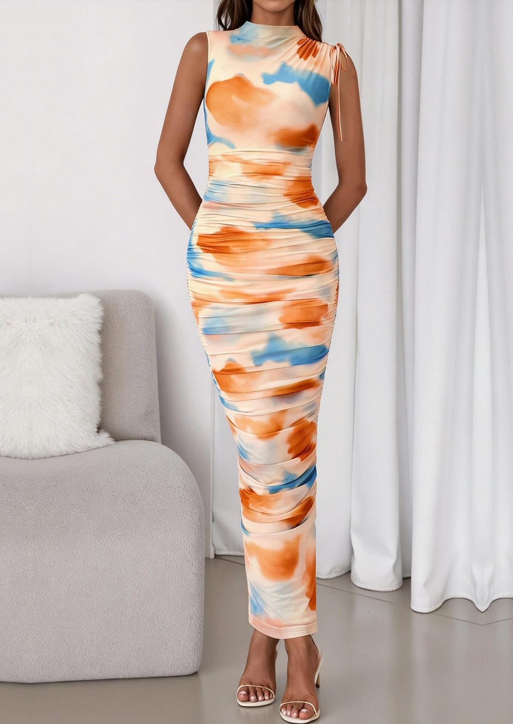 PRETTYGARDEN Women's Summer Maxi Floral Dresses Ruched Bodycon Sleeveless Mesh Formal Wedding Guest Cocktail Split Long Dress