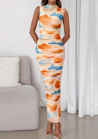 PRETTYGARDEN Women's Summer Maxi Floral Dresses Ruched Bodycon Sleeveless Mesh Formal Wedding Guest Cocktail Split Long Dress