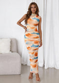 PRETTYGARDEN Women's Summer Maxi Floral Dresses Ruched Bodycon Sleeveless Mesh Formal Wedding Guest Cocktail Split Long Dress