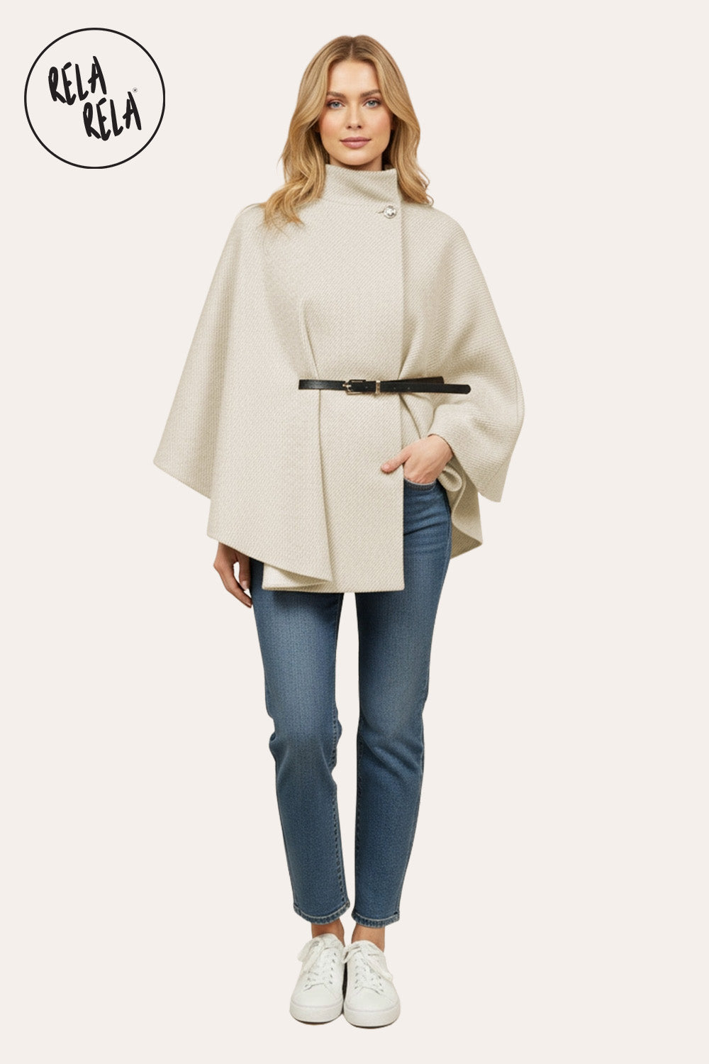 Belted High Neck Poncho Cape Jacket with Button Detail in Beige