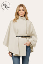 Belted High Neck Poncho Cape Jacket with Button Detail in Beige