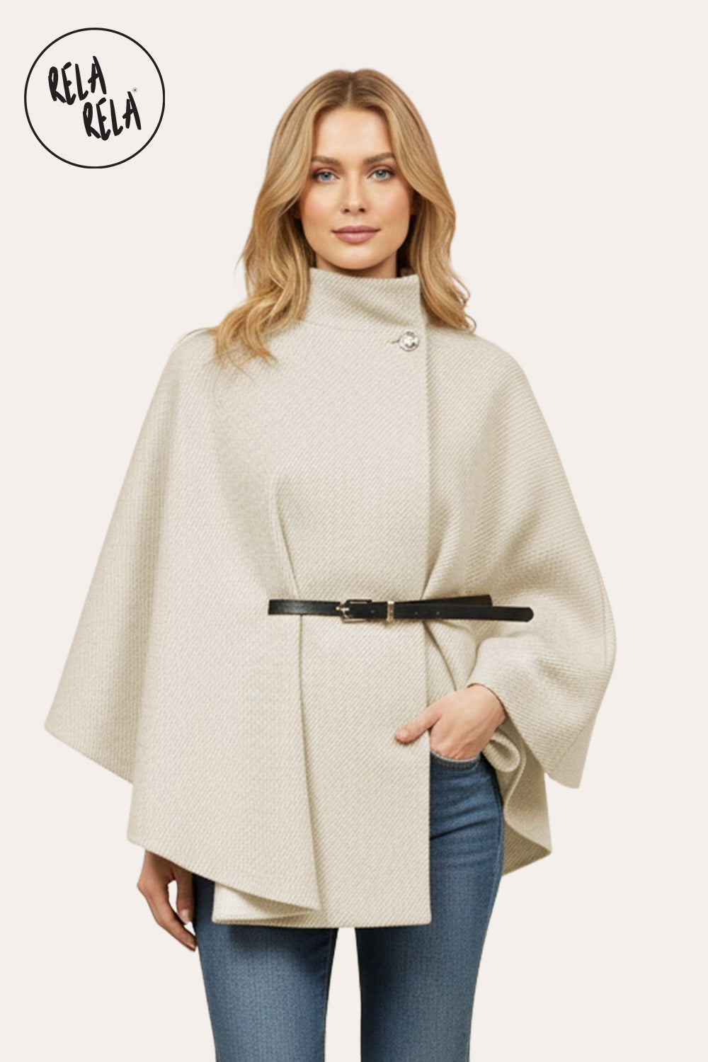 Belted High Neck Poncho Cape Jacket with Button Detail in Beige