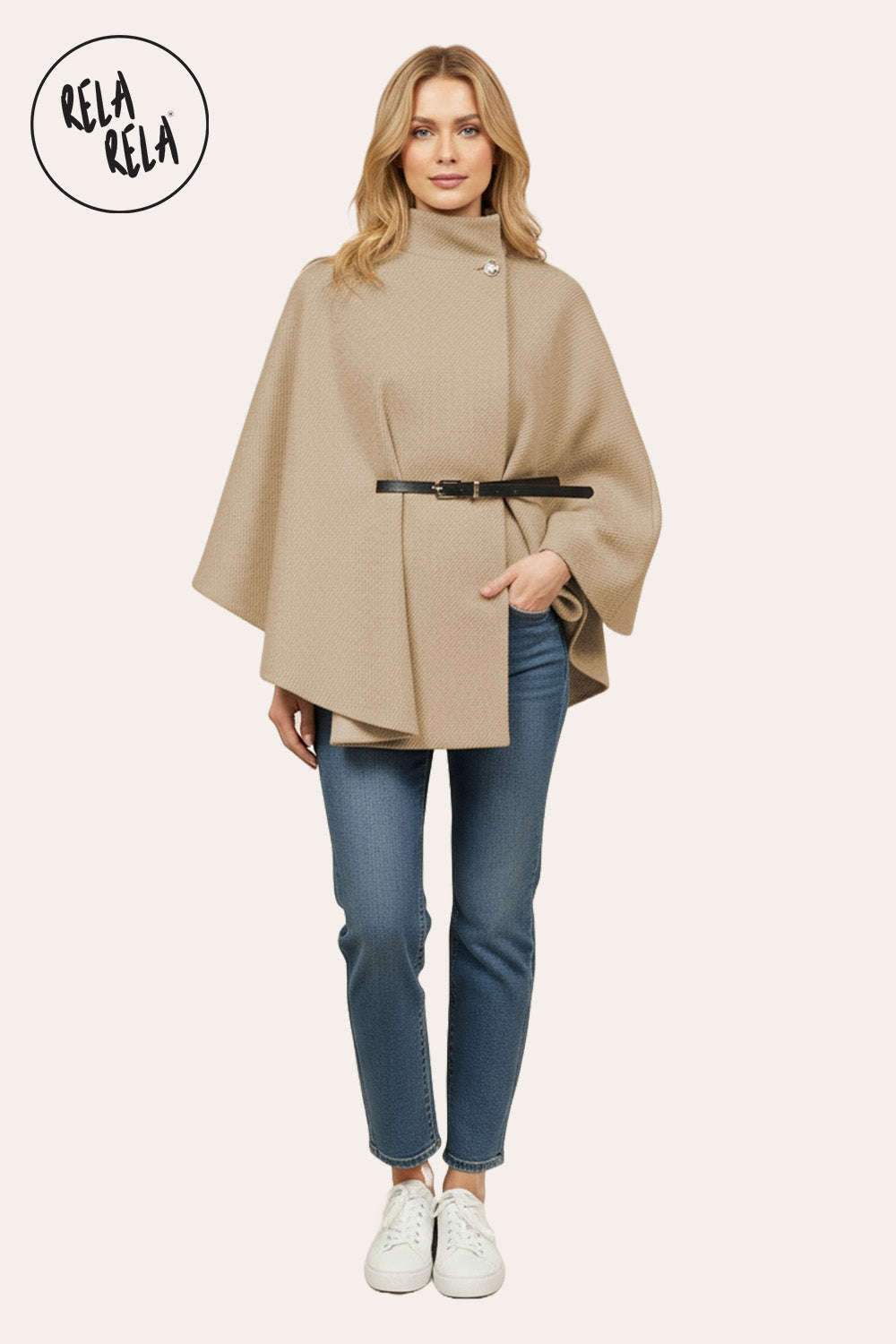 Belted High Neck Poncho Cape Jacket with Button Detail in Camel
