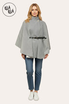Belted High Neck Poncho Cape Jacket with Button Detail in Charcoal