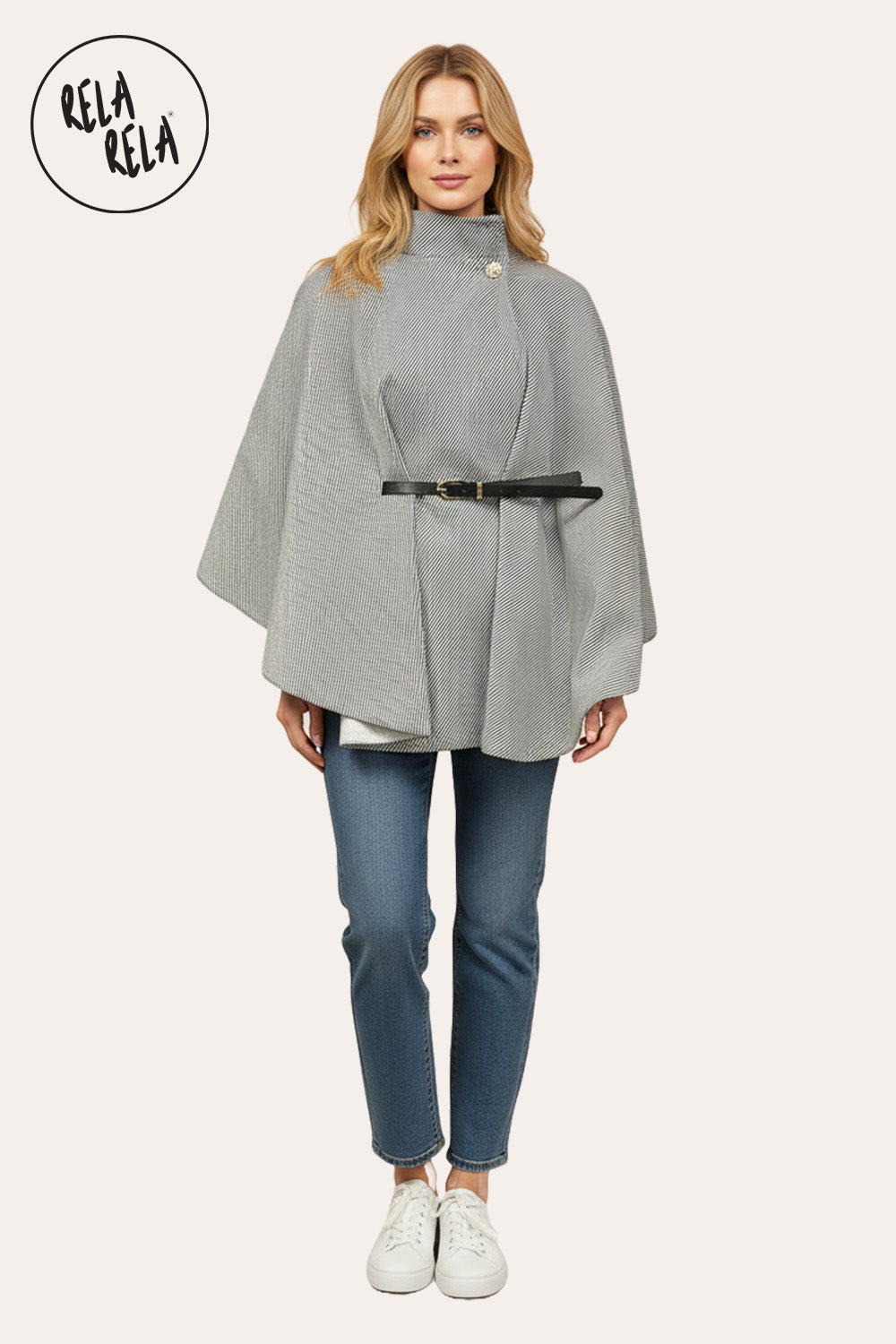 Belted High Neck Poncho Cape Jacket with Button Detail in Charcoal