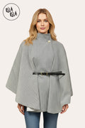Belted High Neck Poncho Cape Jacket with Button Detail in Charcoal