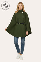 Belted High Neck Poncho Cape Jacket with Button Detail in Khaki