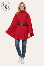 Belted High Neck Poncho Cape Jacket with Button Detail in Red