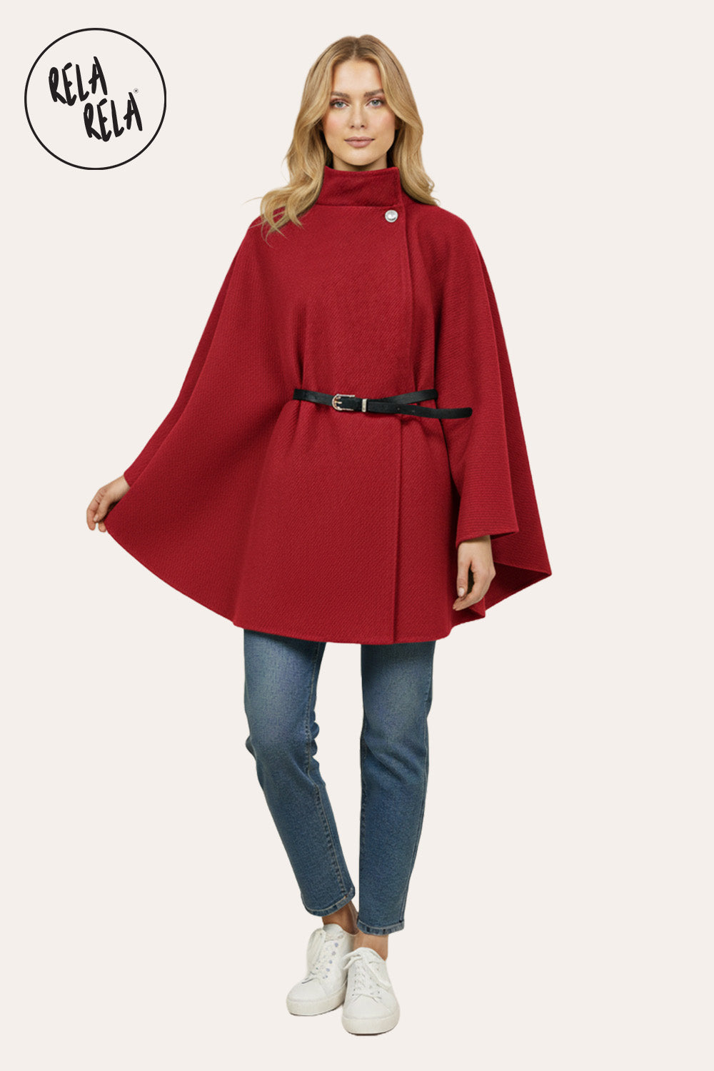 Belted High Neck Poncho Cape Jacket with Button Detail in Burgundy