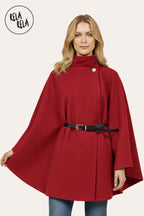 Belted High Neck Poncho Cape Jacket with Button Detail in Burgundy