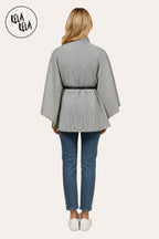 Belted High Neck Poncho Cape Jacket with Button Detail in Charcoal