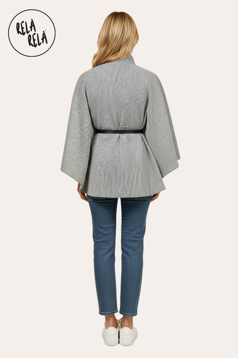 Belted High Neck Poncho Cape Jacket with Button Detail in Charcoal