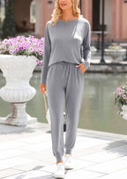 PRETTYGARDEN Lounge Outfit Long Sleeve Crewneck Pullover Tops High Waisted Pants Set Tracksuit