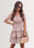 PRETTYGARDEN Women Floral Square Neck Short Sleeve Tiered Ruffle Boho Mini Dresses