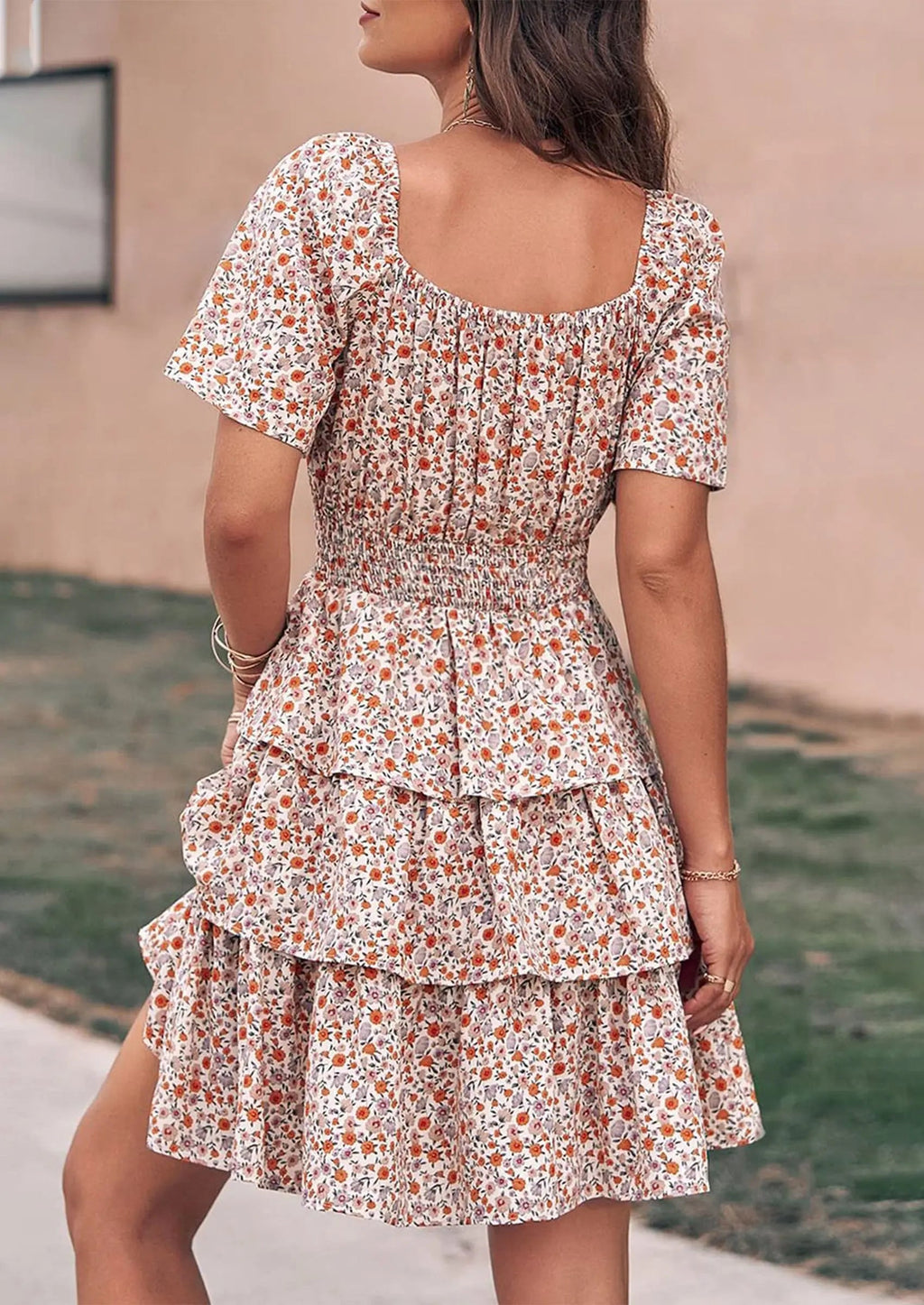 PRETTYGARDEN Women Floral Square Neck Short Sleeve Tiered Ruffle Boho Mini Dresses