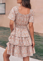 PRETTYGARDEN Women Floral Square Neck Short Sleeve Tiered Ruffle Boho Mini Dresses