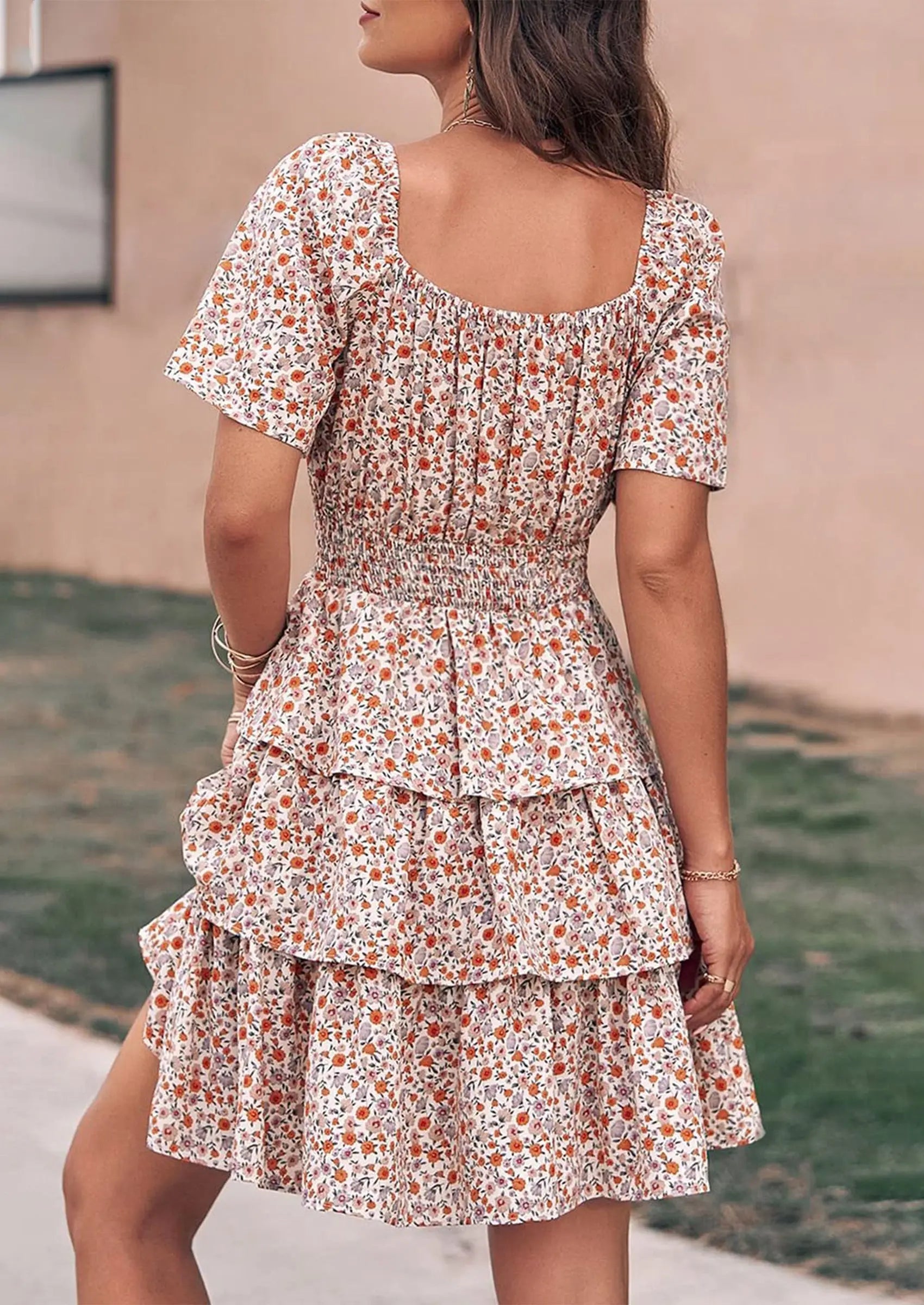 PRETTYGARDEN Women Floral Square Neck Short Sleeve Tiered Ruffle Boho Mini Dresses