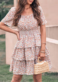 PRETTYGARDEN Women Floral Square Neck Short Sleeve Tiered Ruffle Boho Mini Dresses