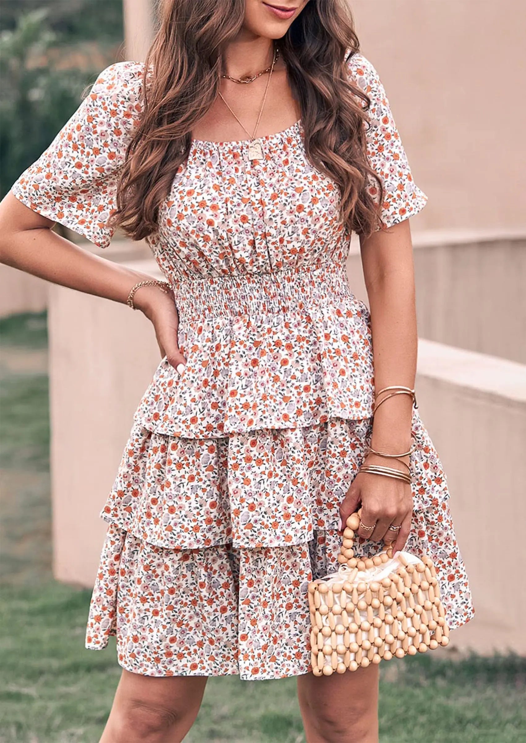 PRETTYGARDEN Women Floral Square Neck Short Sleeve Tiered Ruffle Boho Mini Dresses