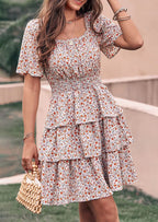 PRETTYGARDEN Women Floral Square Neck Short Sleeve Tiered Ruffle Boho Mini Dresses
