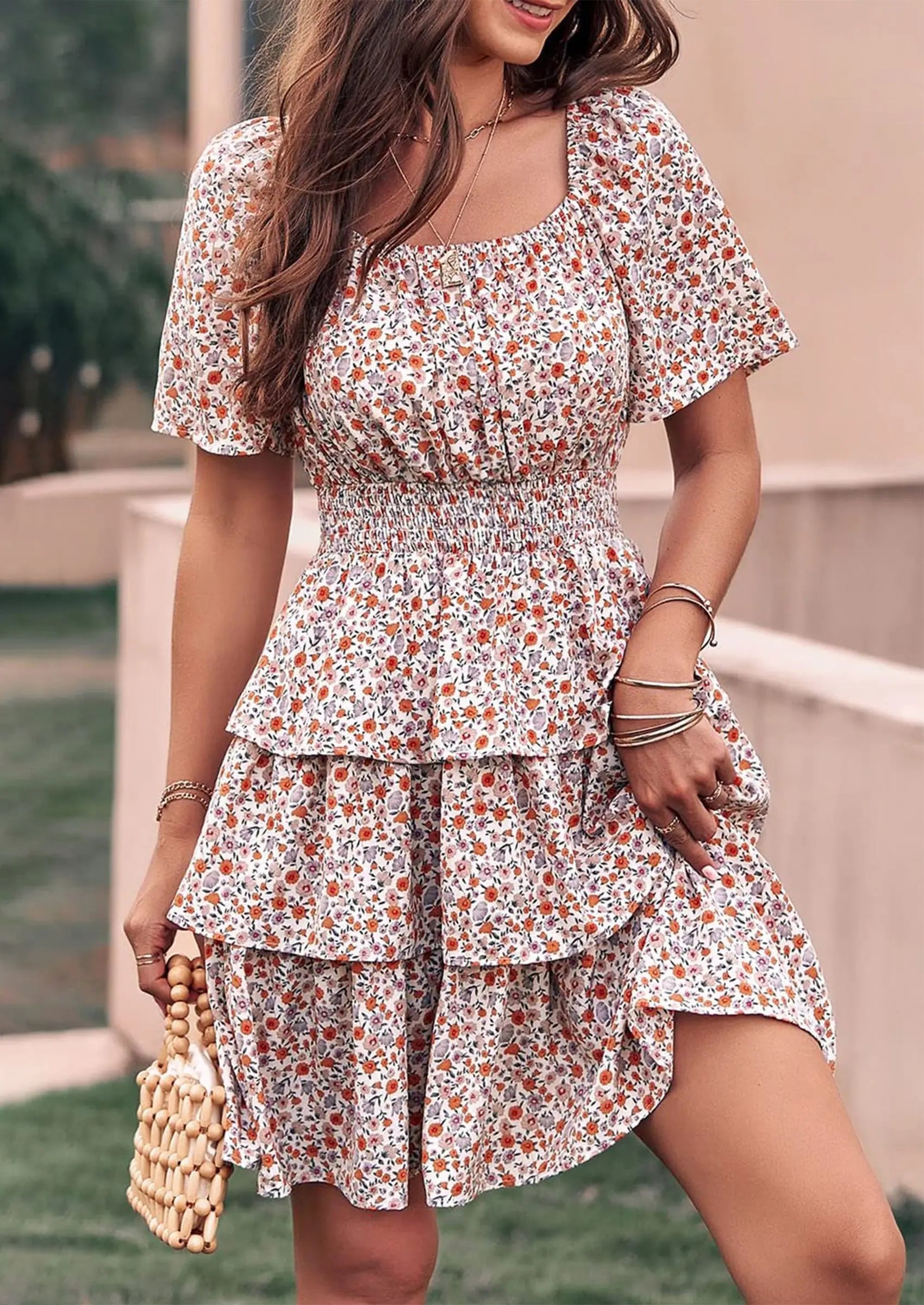 PRETTYGARDEN Women Floral Square Neck Short Sleeve Tiered Ruffle Boho Mini Dresses