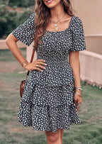 PRETTYGARDEN Women Floral Square Neck Short Sleeve Tiered Ruffle Boho Mini Dresses