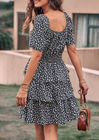 PRETTYGARDEN Women Floral Square Neck Short Sleeve Tiered Ruffle Boho Mini Dresses