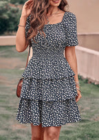 PRETTYGARDEN Women Floral Square Neck Short Sleeve Tiered Ruffle Boho Mini Dresses