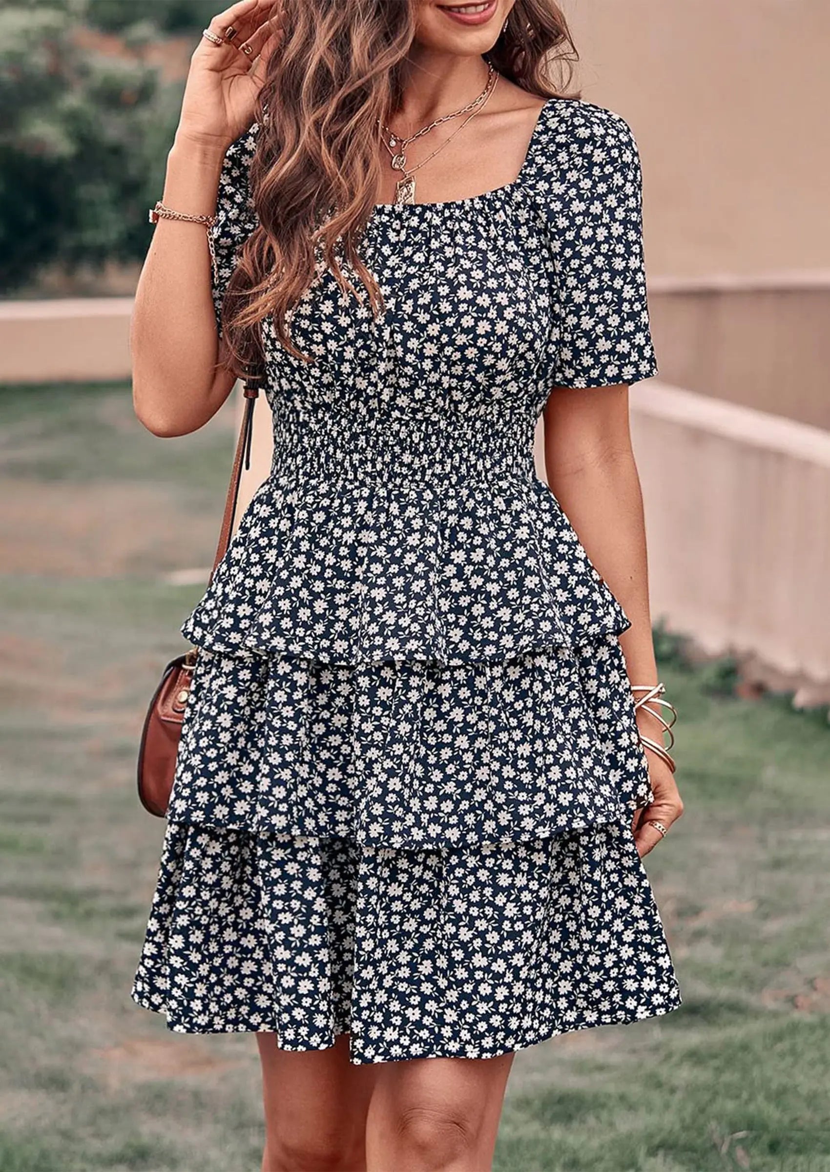 PRETTYGARDEN Women Floral Square Neck Short Sleeve Tiered Ruffle Boho Mini Dresses