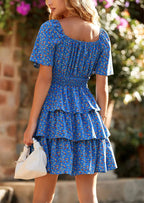 PRETTYGARDEN Women Floral Square Neck Short Sleeve Tiered Ruffle Boho Mini Dresses