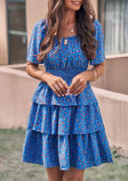 PRETTYGARDEN Women Floral Square Neck Short Sleeve Tiered Ruffle Boho Mini Dresses