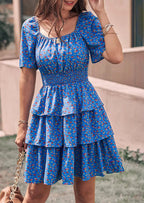 PRETTYGARDEN Women Floral Square Neck Short Sleeve Tiered Ruffle Boho Mini Dresses