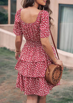 PRETTYGARDEN Women Floral Square Neck Short Sleeve Tiered Ruffle Boho Mini Dresses